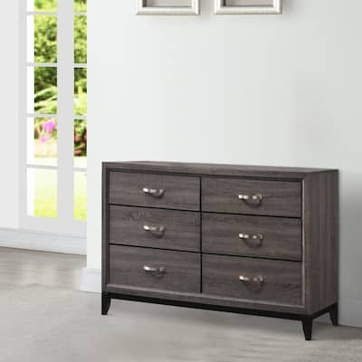 Transitional Style Dresser with 6 Drawers and Metal Pulls, Gray and Black