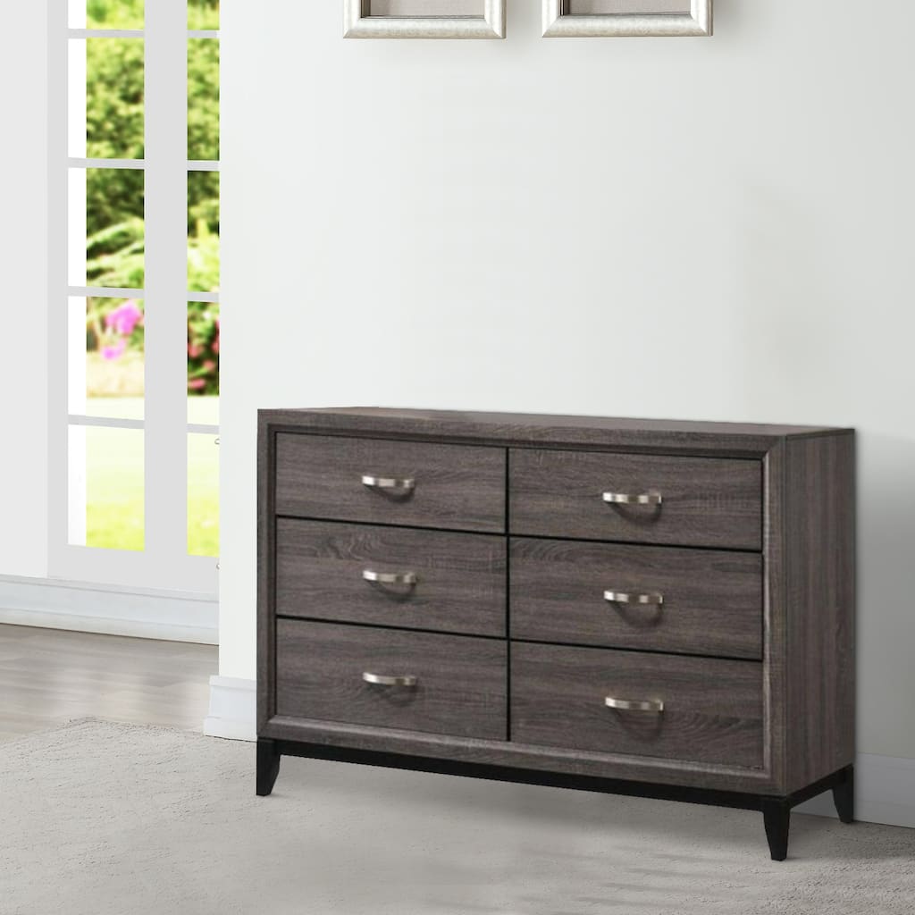 Transitional Style Dresser with 6 Drawers and Metal Pulls, Gray and Black