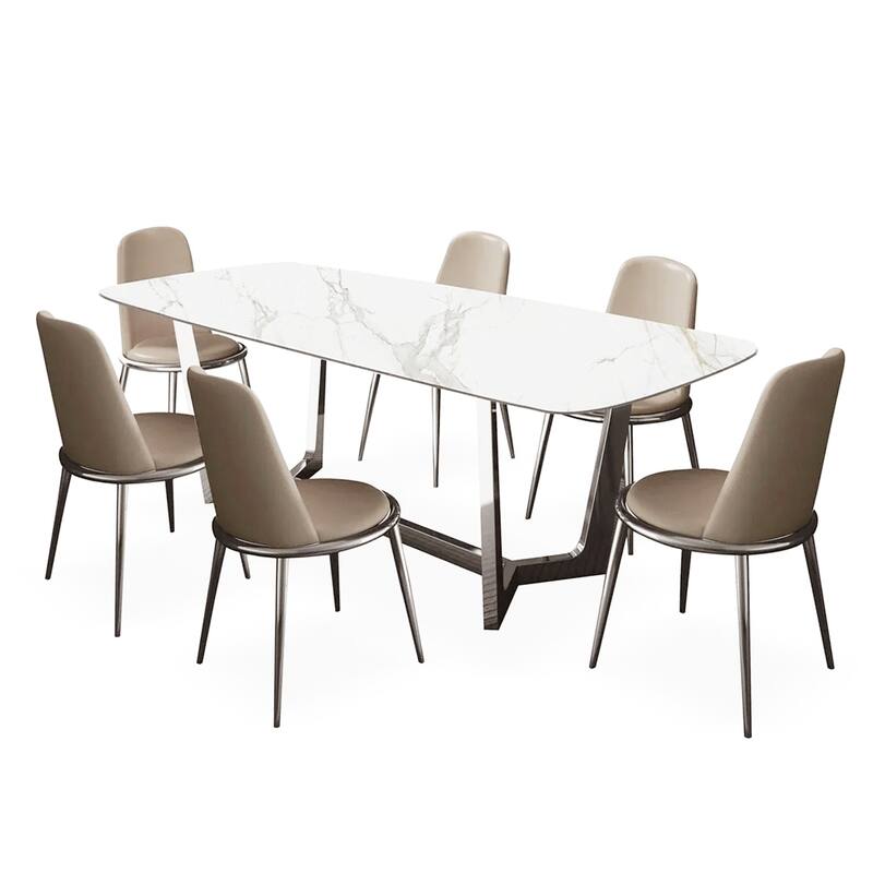 7 Piece Dining Set with Metal Trestle Legs - Silver/Taupe/White