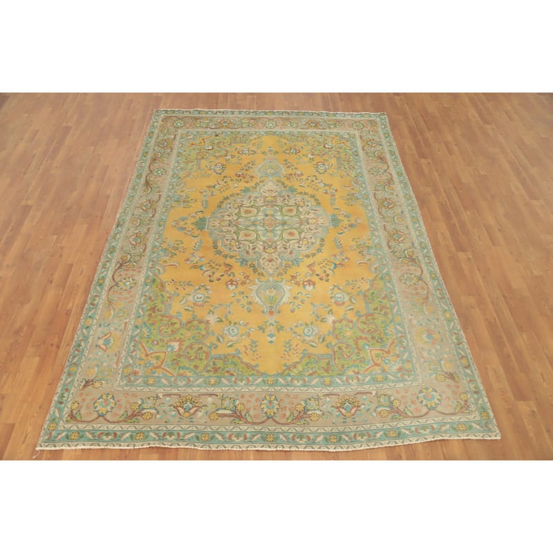 Hand Knotted Oriental 100% Wool Carpet Traditional Floral Yellow & Gold Tabriz Area Rug - 9' 6'' X 6' 7''