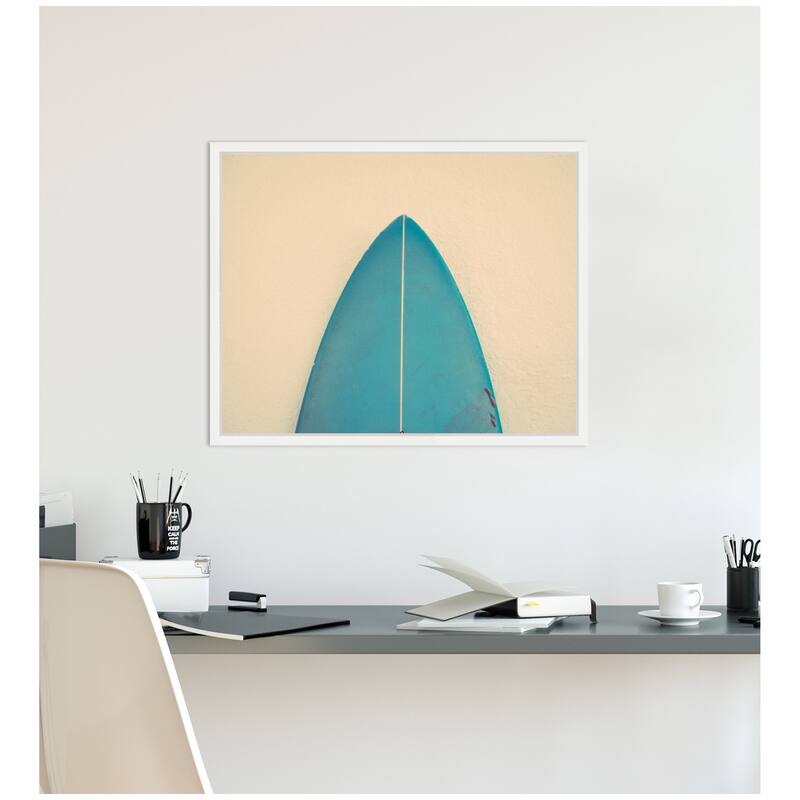Kate and Laurel Sylvie Abstract Minimalist Coastal Teal Surfboard Framed Canvas by Saint and Sailor Studios