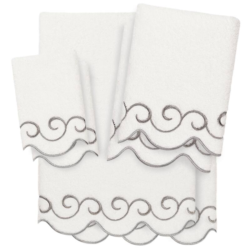 Authentic Hotel and Spa 100% Turkish Cotton SIMPLICITY Scallop Embellished Towel Collection - White/Grey - 6 Piece Set