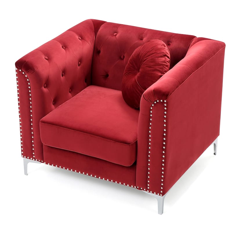 Button Tufted Velvet Accent Chair with Throw Pillow - 38" - Red and Silver