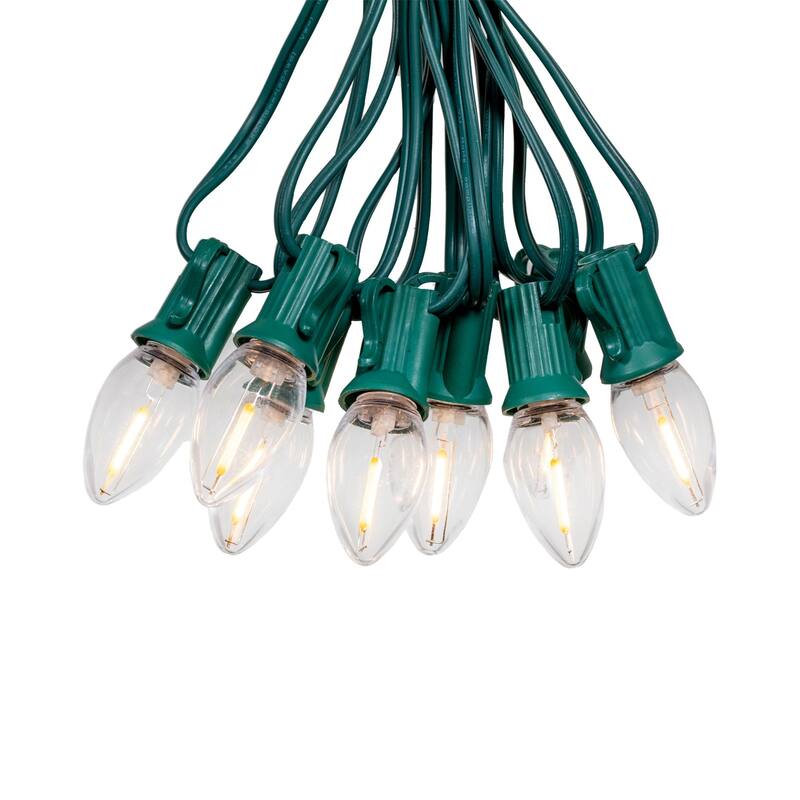 25 Foot C7 LED Ceramic Outdoor Christmas String Light Set, Multicolor, Green Wire - Clear