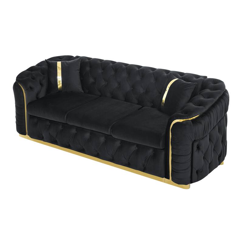 90.6" Velvet 3-Seater Sofa with 2 Pillows High-Density Cushions, Gold Accents, and Pillows