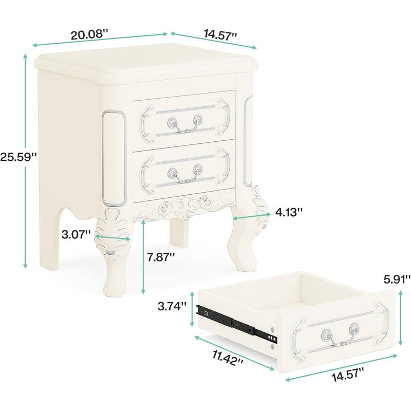 Cream White Particle Board Nightstand with Carved Design and 2 Drawers