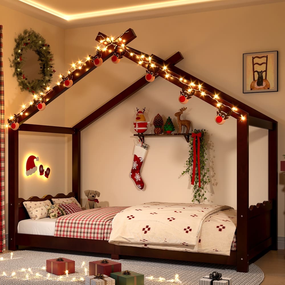 Roomfitters House Floor Bed with Support Slats, Solid Wood Open Frame Design