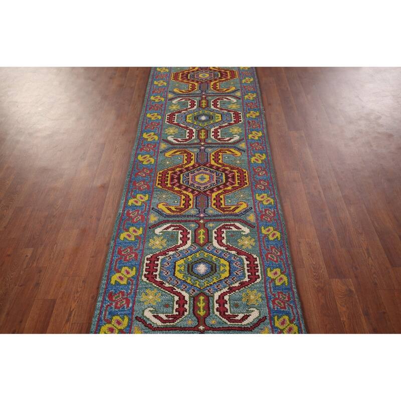 Geometric Kazak Oriental Runner Rug Hand-Knotted Wool Carpet - 2'6"x 9'9"