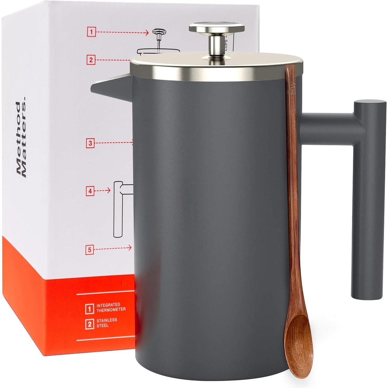 Barista Warrior French Press with Thermometer Insulated Coffee Press Stainless Steel French Press