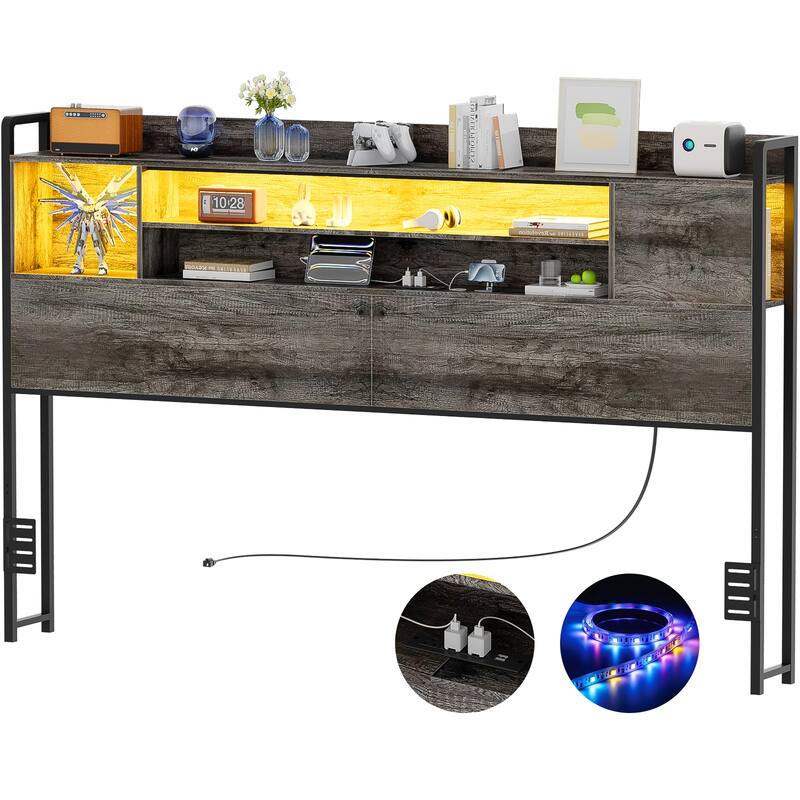 Storage Headboards with Power Outlet and LED Light, Head board with Storage Shelves for Bed Frame