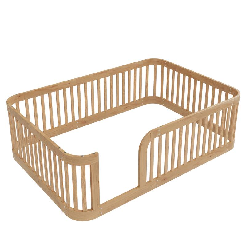Floor Bed Frame with Fence, Montessori Toddler Bed, No Slats, No Doors, Rounded Corners Wooden Bed
