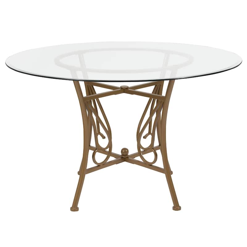 48'' Round Glass Dining Table with Curl Accent Matte Metal Frame - 48"W x 48"D x 29"H - 48"W x 48"D x 29"H