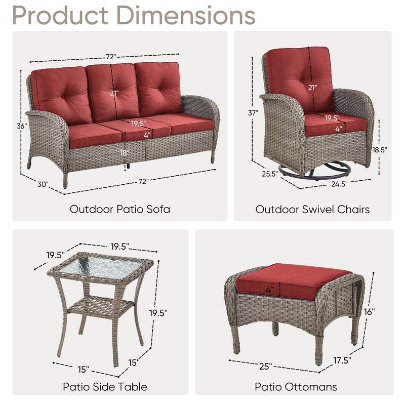 6 Pieces Patio Sofa Chairs Ottoman Grey-Red - Grey