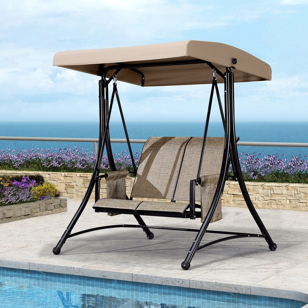 PURPLE LEAF Deluxe Outdoor Patio Porch Swing with Weather Resistant Steel Frame, Adjustable Tilt Canopy, Beige - 2 person