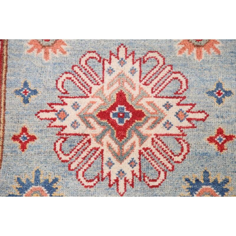 Light Blue Geometric Kazak Runner Rug Hand-Knotted Wool Carpet - 2'8" x 6'6"