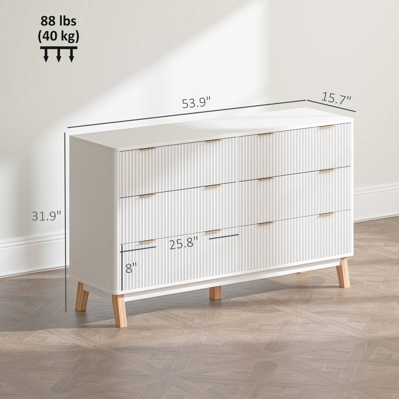 6 Drawer Dresser for Bedroom Fluted Panel Design Modern Storage with Gold Pulls