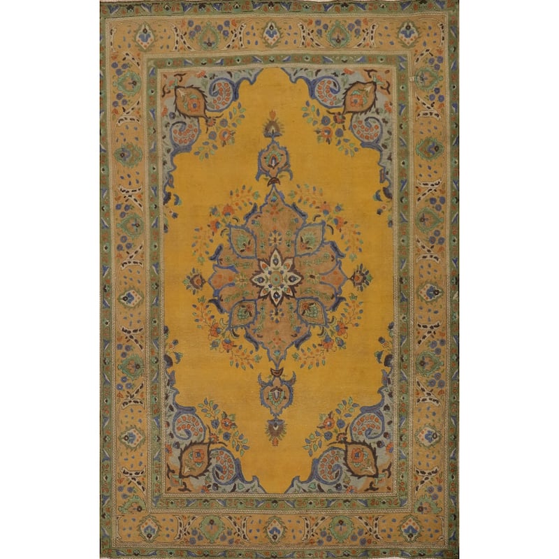 Hand Knotted Oriental 100% Wool Carpet Traditional Medallion Oranges & Rust Tabriz Area Rug - 9' 6'' X 6' 7''