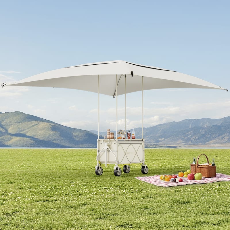 Foldable Camping Cart with Adjustable Handle, Bamboo Tabletop, Foldable storage, and Waterproof Oxford Canopy