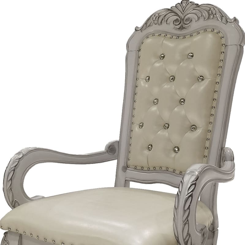 HomeRoots Set of Two Tufted White Upholstered Faux Leather And Wood Dining Arm Chairs - 26.00 in. x 46.00 in. x 29.00 in.