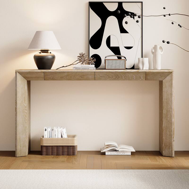 60"Modern Farmhouse Console Table with 2 Concealed Drawers,Waterfall Design Entryway Table with Thickened Legs&Rustic Wood Grain