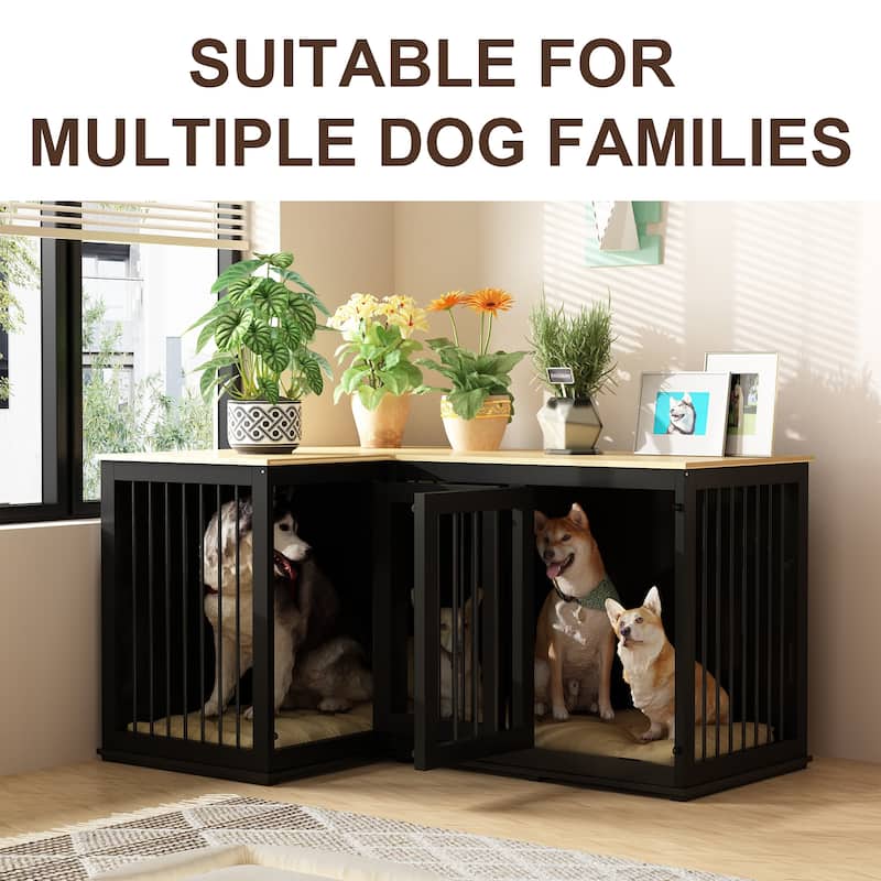 Large Corner Dog Crate Furniture, Wooden L Shaped Double Dog Kennel