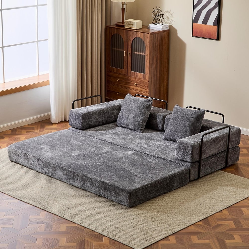 Chenille Floor Sleeper Sofa Bed Foldable Loveseat Couch Futon Sofa with Removable L-shaped Armrest and Movable Iron Frame
