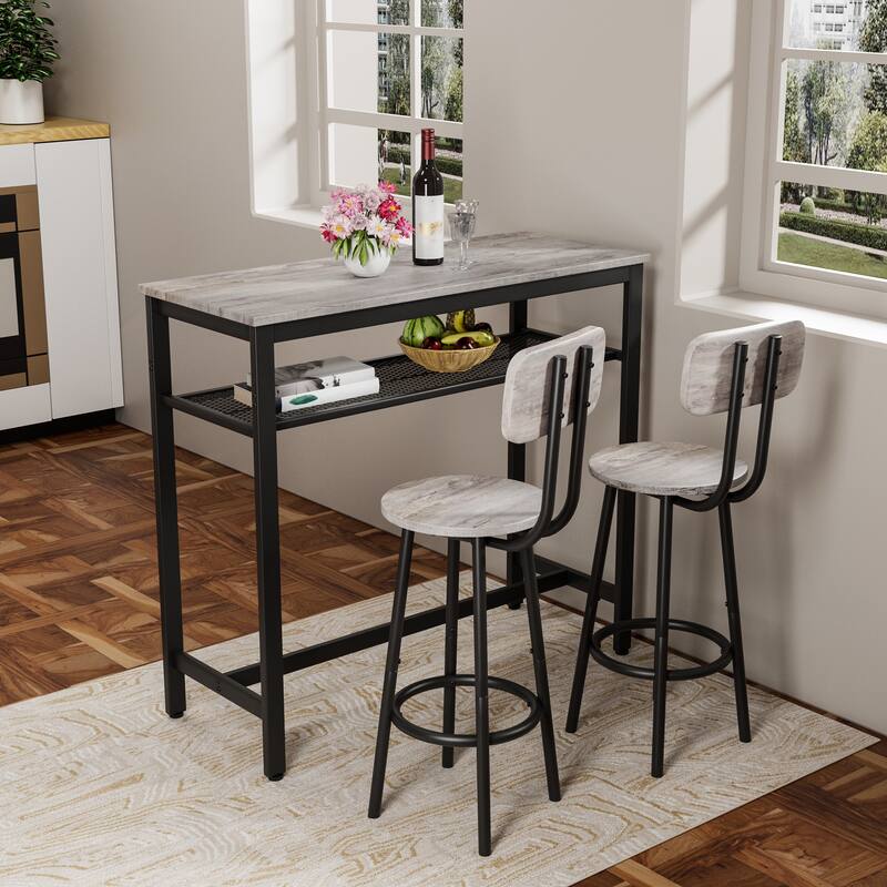 3 Piece Bar Table Set, Bar Table and Chairs Set of 2 with Metal Frame and Storage Rack - Grey