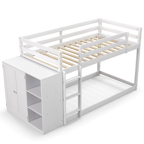 slide 2 of 10, Twin Size Bunk Bed with Convertible Bookcase and Ladder-White