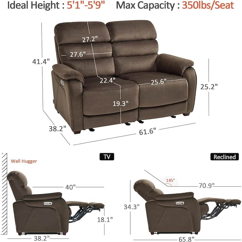 MCombo 61.6'' Wall Hugger Power Loveseat Recliner Sofa with Adjustable Headrest and USB A & C Charge Ports
