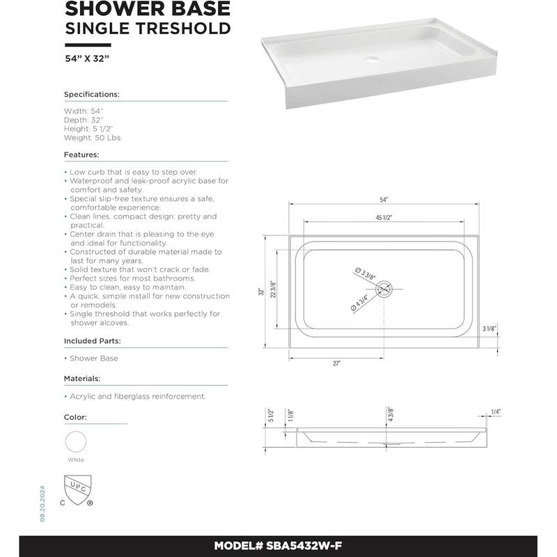 Frameless Clear Tempered Shower Glass Door with Shower Base Kit