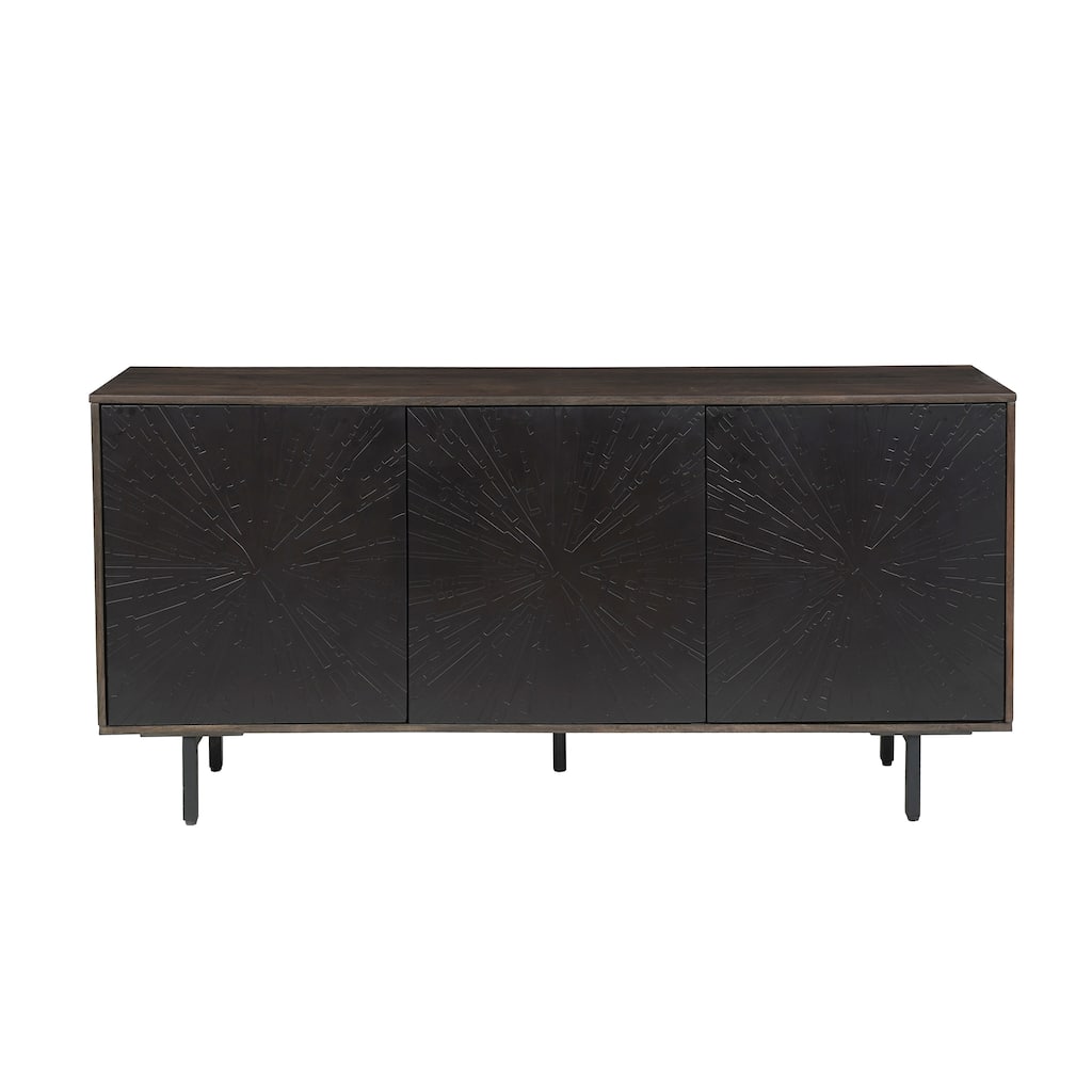 64 Inch Cosmo TV Stand Console, 3-Door Cabinet, Dark Walnut Brown & Black Mango Wood