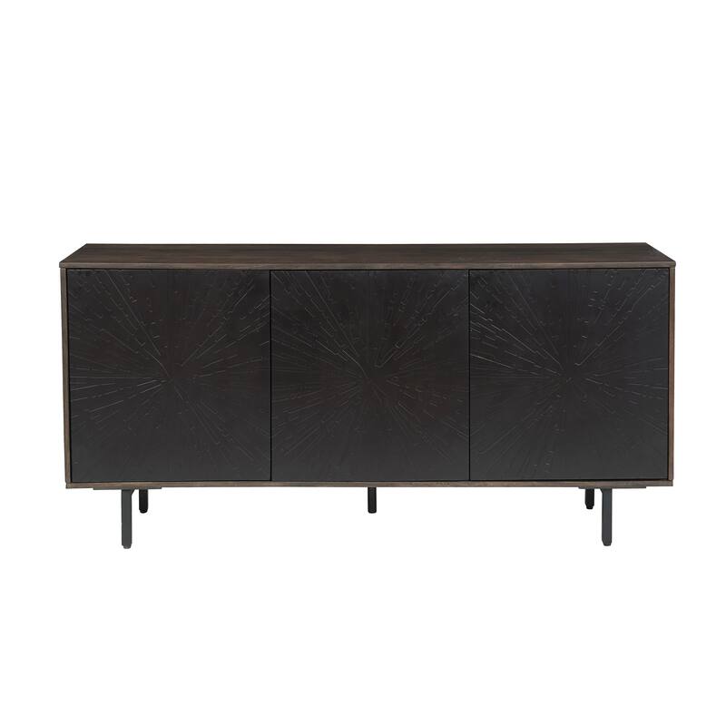 64 Inch Cosmo TV Stand Console, 3-Door Cabinet, Dark Walnut Brown & Black Mango Wood