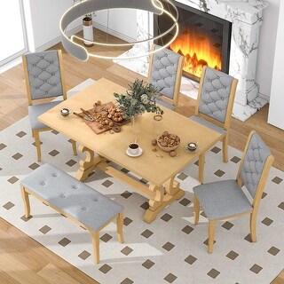 6-Piece Solid Wood Dining Table Set with 4 Upholstered Chairs & Bench ...