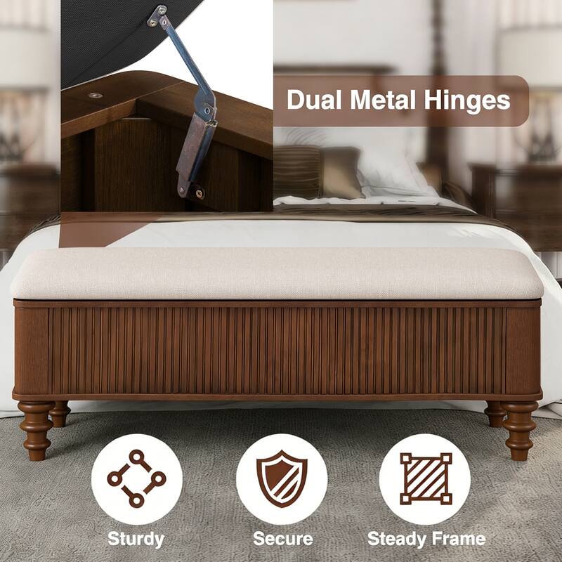 50.8" Multi-Functional Storage Ottoman Bench with Linen Seat, Solid Rubberwood Bed End Bench, Entryway Storage Bench