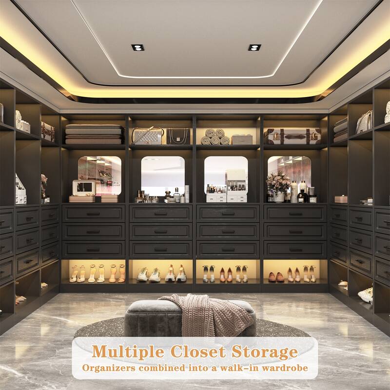 Cimly 25'' Freestanding Closet System with Drawers and Mirror, Display Shelves Organizer with Shelving
