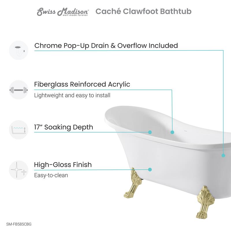 Caché Single Slipper, Clawfoot Soaking Acrylic Bathtub