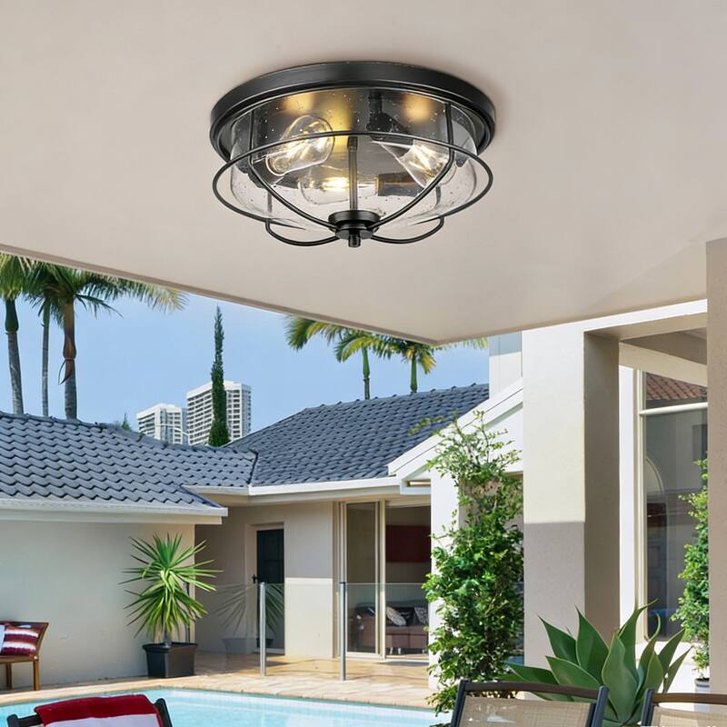 Flush Mount Ceiling Light Industrial Farmhouse Fixture with Seeded Glass Shade