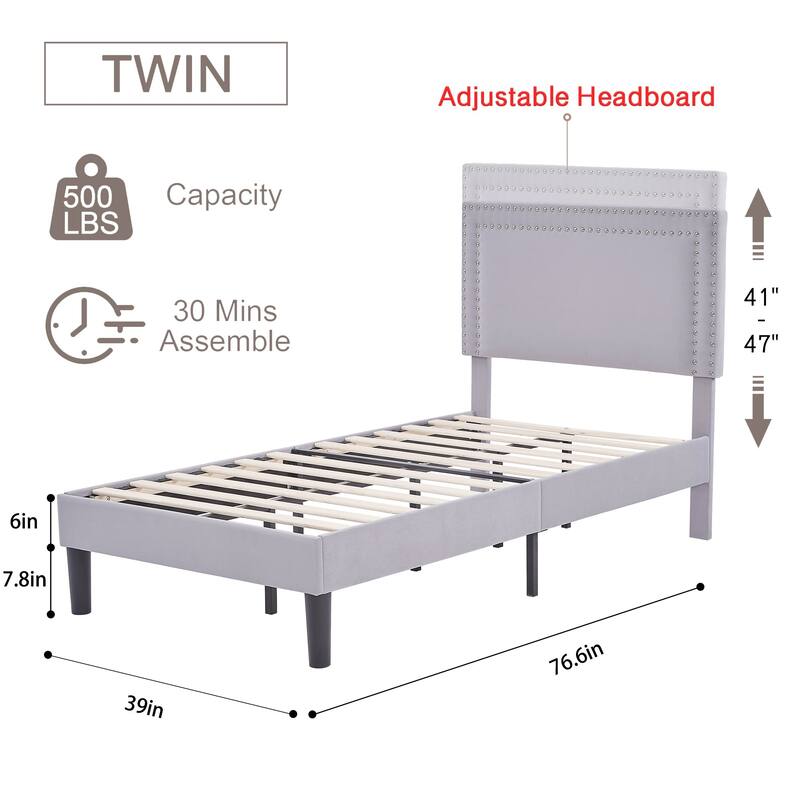 VECELO Upholstered Bed Frames with Height Adjustable Headboard