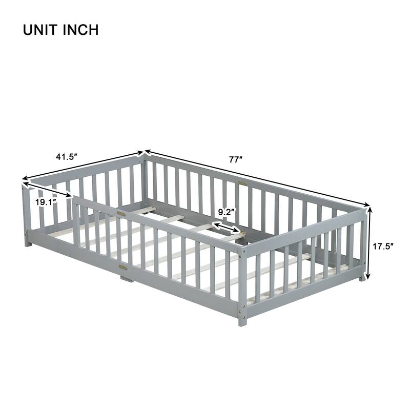 Roomfitters Twin Rubber Wood Floor Bed with Fence, Safety Guardrails, Low Profile Platform Design