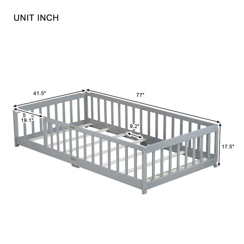 Twin Size Wooden Floor Bed with Fence, Solid Rubber Wood Montessori Bed Frame with Safety Guardrails for Kids