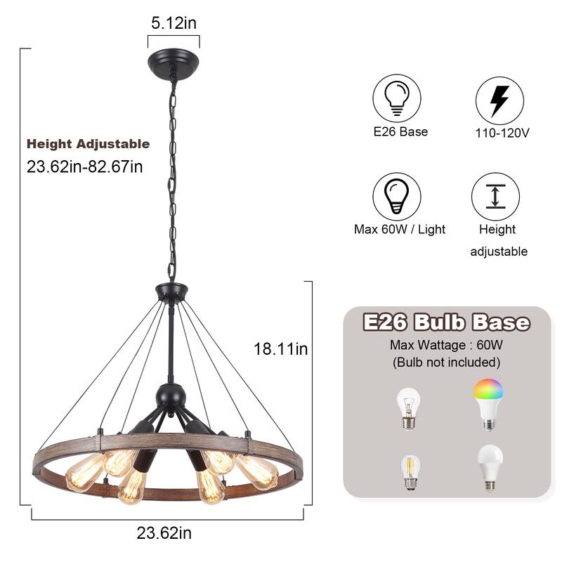 6-Light Dimmable Sputnik Chandelier, Farmhouse Wagon Wheel Chandelier for Dining Room Living Room Bedroom Kitchen