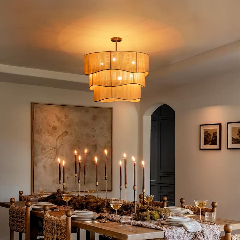27.5 in. W 6-Light Modern Gold Boho Fabric Drum Chandelier Farmhouse Dining Room Ceiling Light - Ivory