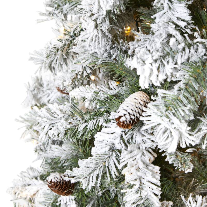 8' Pre-Lit Flocked River Mountain Pine Artificial Christmas Tree, Warm Clear LED Lights - 8 Foot