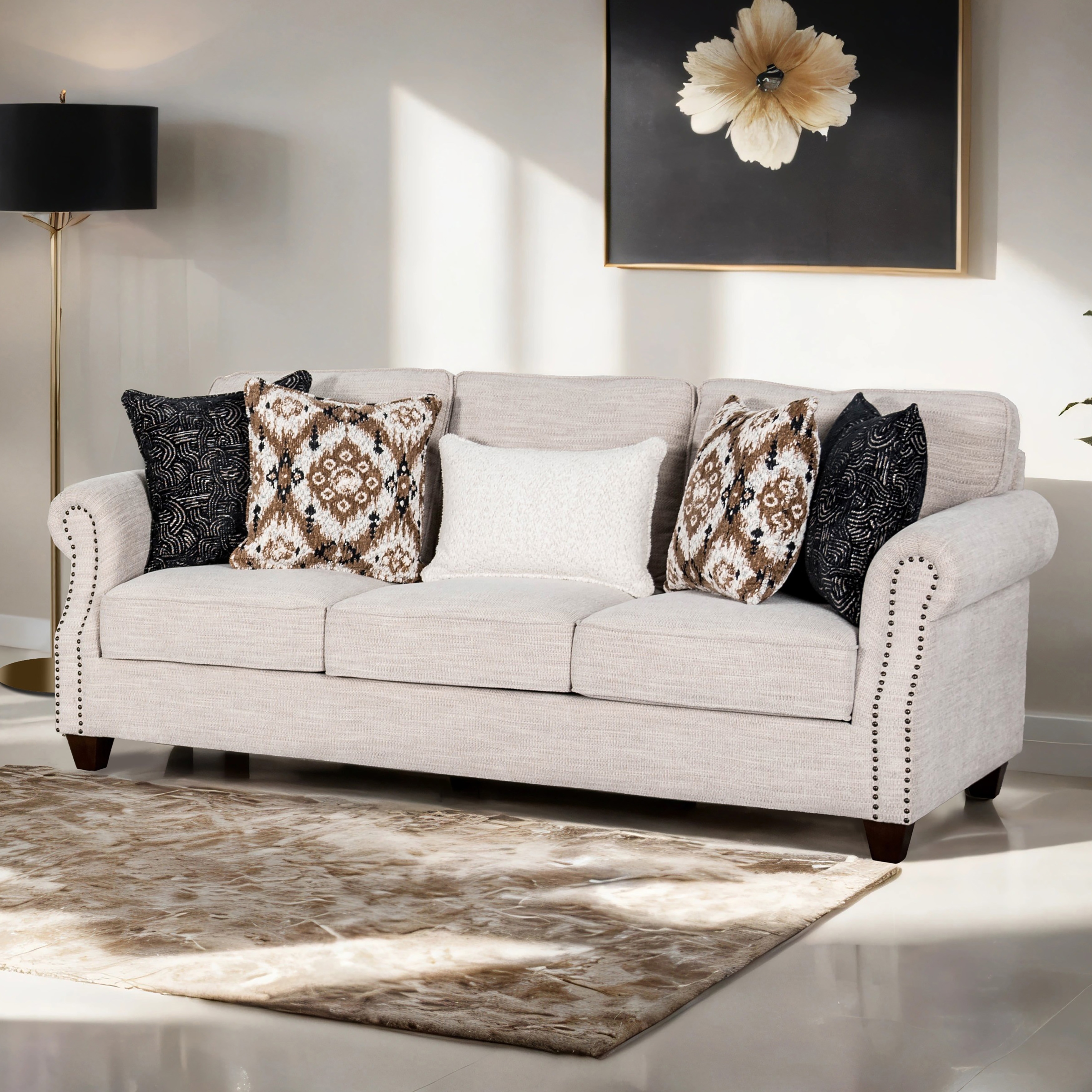 Furniture of America Zraine Light Grey Solid Wood Sofa with Accent Pillows