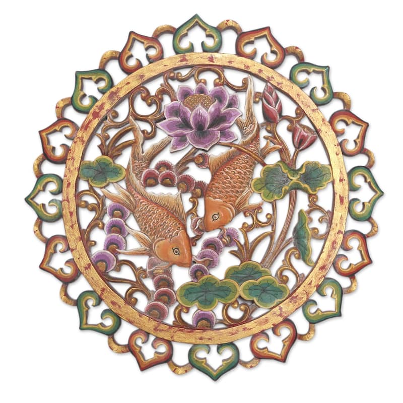 Novica Handmade Floating Koi Wood Relief Panel