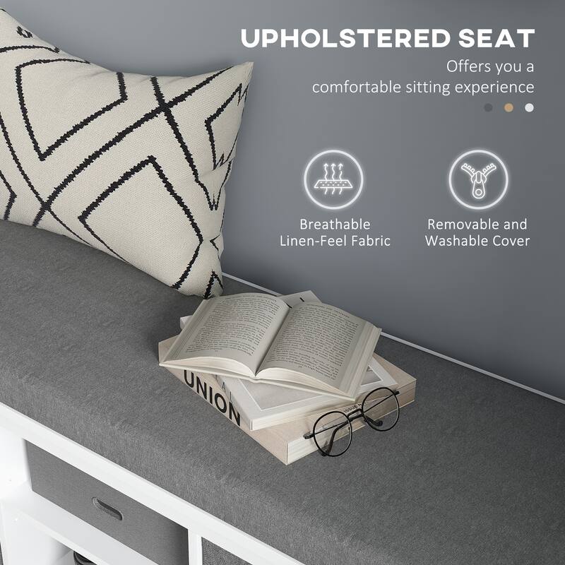 Upholstered Seat Storage Bench with Adjustable Shelves, White Gray Shoe Bench Entry Footrest Bench with Fabric Drawer