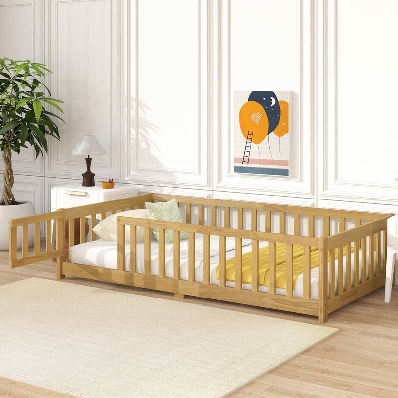 Rubber Wood Floor Bed with Safety Guardrails - Natural - Twin