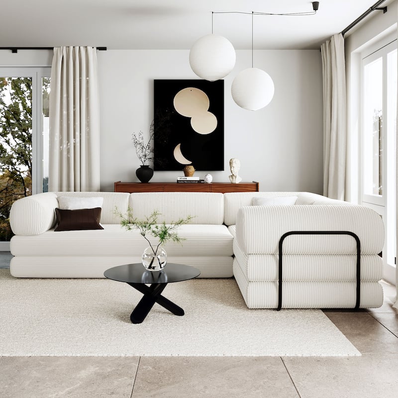 L-Shaped Modular Sectional Sofa with Chaise, Corduroy Convertible Sleeper Sofa Bed, High-Resilience Foam Compressed Sofa - Beige