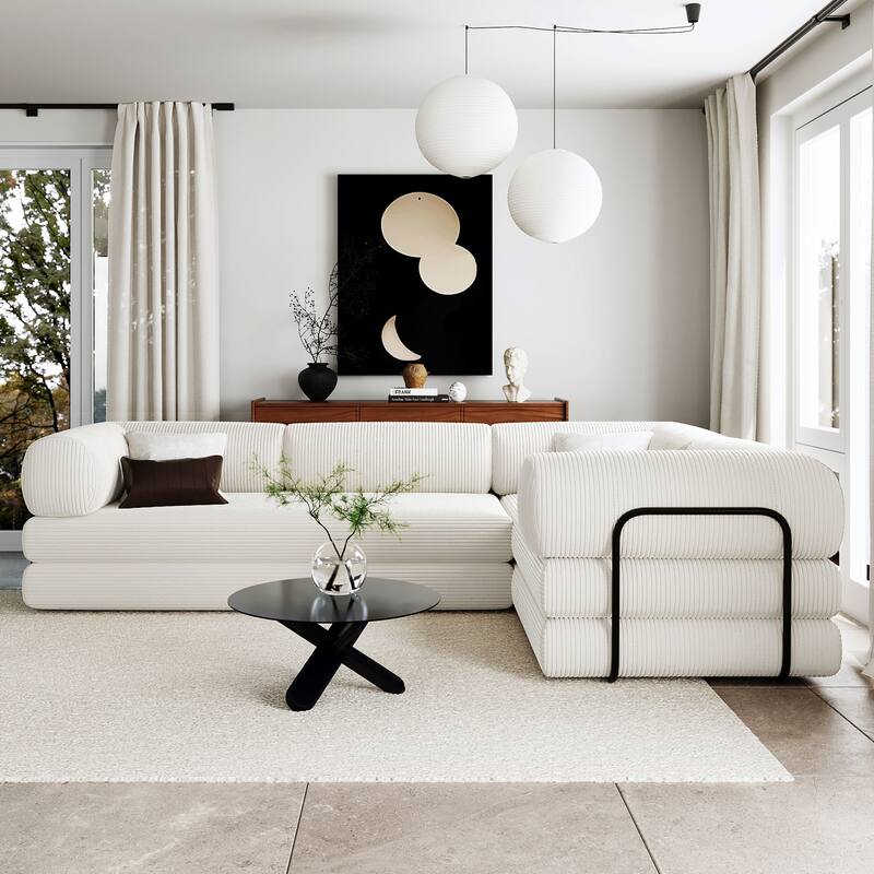 Roomfitters L-Shaped Modular Sectional Sofa in Corduroy Fabric, Modern Couch for Living Room and Apartment - Beige