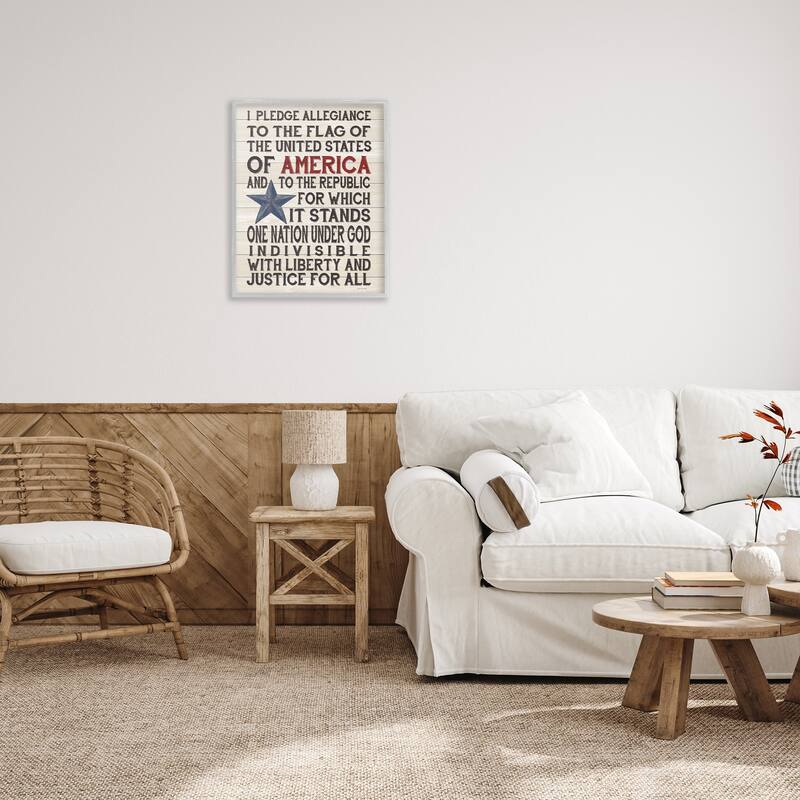 Stupell Pledge of Allegiance Stars and Stripes Americana Rustic Wood Framed Giclee Texturized Art by Jo Moulton